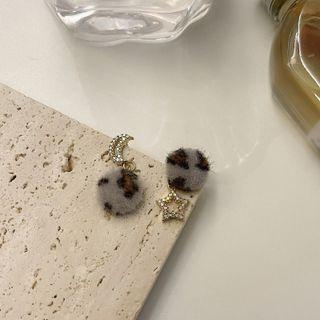 Asymmetrical Leopard Print Pom Pom Drop Earring / Clip-on Earring