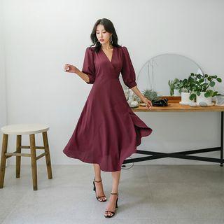 Puff-sleeve Flared Long Wrap Dress
