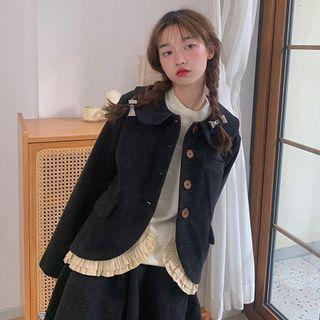 Ruffle Trim Shirt Jacket / Asymmetrical Midi A-line Skirt