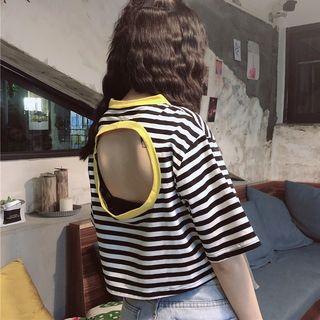 Short-sleeve Striped Open-back T-shirt As Shown In Figure - One Size