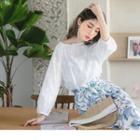 Wave Neck Floral Embroidered Top