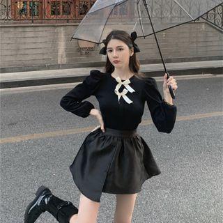Puff-sleeve Bow Blouse / Asymmetric A-line Skirt