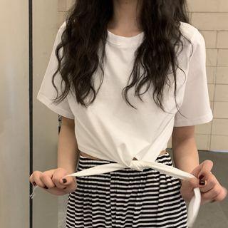 Short-sleeve Plain Drawstring T-shirt / Striped Cuff Pants