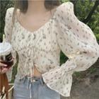 Long-sleeve Floral Lace-up Shirt White - One Size