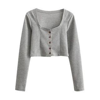 Long-sleeve Scoop-neck Button-up Crop Top