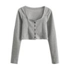 Long-sleeve Scoop-neck Button-up Crop Top