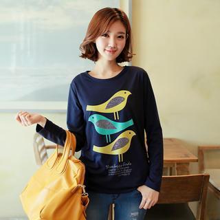 Bird Print Embellished Long-sleeve T-shirt