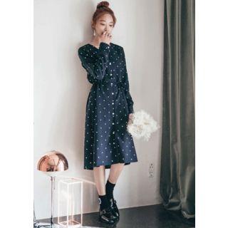 V-neck Polka-dot Shirtdress With Sash