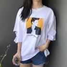 Elbow-sleeve Slashed Printed T-shirt