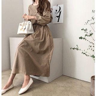 Round-neck Drawstring-waist Long Dress