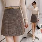 Belted Plaid Mini A-line Skirt