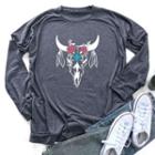 Cow Head Print Round-neck Long Batwing-sleeve T Shirt