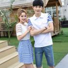 Couple Matching Striped Short Sleeve T-shirt / Set: Short Sleeve Top + Striped A-line Skirt
