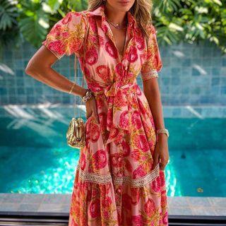 Puff-sleeve Collared Print Midi A-line Dress