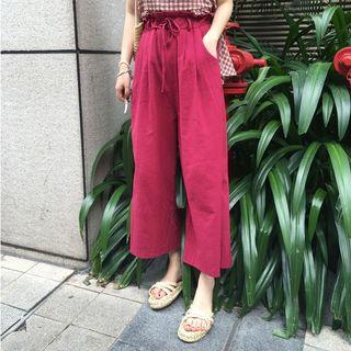 Plain Linen Cropped Wide-leg Pants