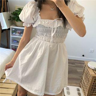 Square-neck Shirred Plain Mini Dress White - One Size