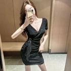 Short-sleeve V-neck Belted Mini Bodycon Dress