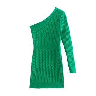 Long-sleeve One-shoulder Cable-knit Mini Knit Dress