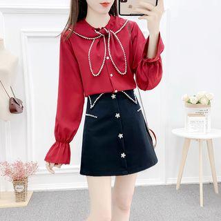 Faux Pearl Trim Tie-neck Blouse / Floral Buttoned A-line Skirt / Set