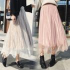 A-line Mesh Overlay Midi Velvet Skirt