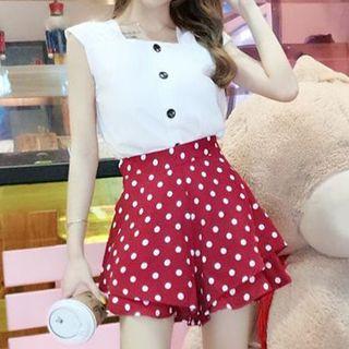 Set: Square-neck Tank Top + Dotted Wide-leg Shorts