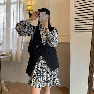 Long-sleeve Flower Print Mini Dress / Asymmetrical Button Vest