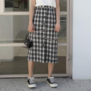 Plaid Button Midi Straight-fit Skirt