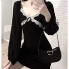 Off-shoulder Lace Trim Mini Sheath Dress Black - One Size