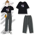 Cartoon Print Short-sleeve T-shirt / Plaid Straight-cut Pants