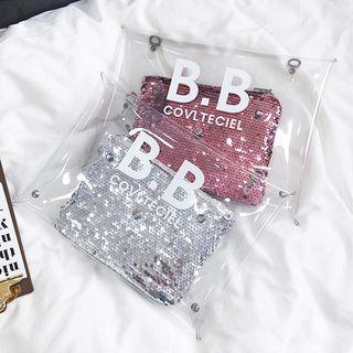 Set Of 2: Lettering Shoulder Bag + Sequined Clutch