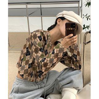Crop Argyle Knit Cardigan