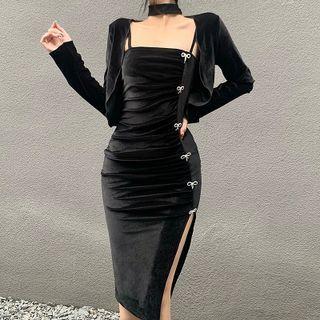 Set: Spaghetti Strap Bow Detail Side-slit Sheath Dress + Light Jacket