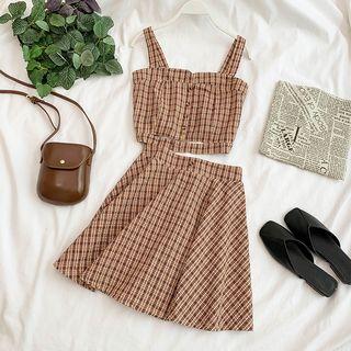 Set: Plaid Sleeveless Top + A-line Midi Skirt