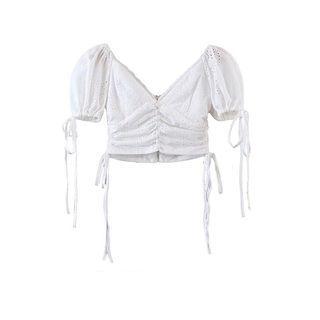 Short-sleeve V-neck Drawstring Lace Crop Top