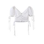 Short-sleeve V-neck Drawstring Lace Crop Top