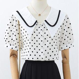 Short-sleeve Wide Collar Dotted Blouse