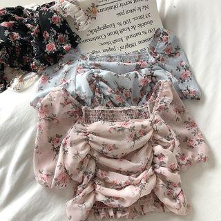 Floral Off-shoulder Ruched Cropped Chiffon Top