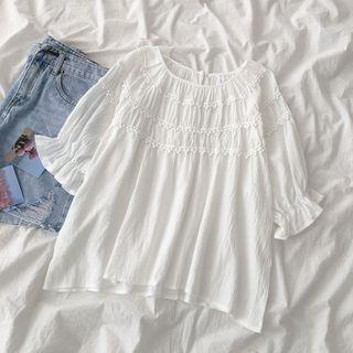 Elbow-sleeve Embellished Blouse White - One Size