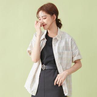 Short-sleeve Plaid Shirt Khaki - One Size