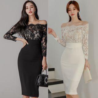 Long-sleeve Lace Panel Off-shoulder Midi Dress