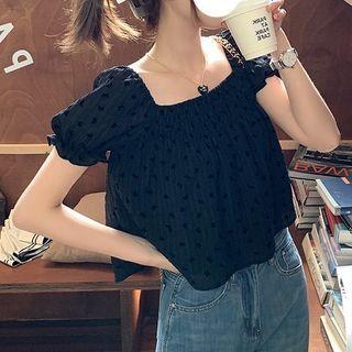 Puff-sleeve Butterfly Print Tunic Blouse / Midi Pencil Skirt