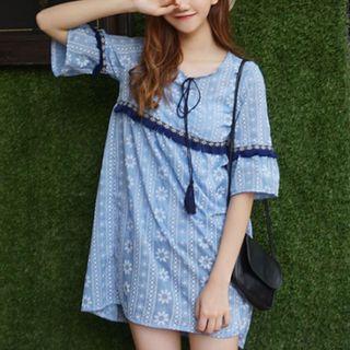 Printed Tassel Trim Elbow-sleeve A-line Dress