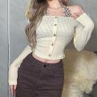 Set: Long-sleeve Off-shoulder Top + Halter-neck Lettering Print Crop Top