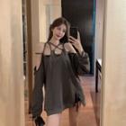 Strappy Cutout Long-sleeve Plain Sweatshirt