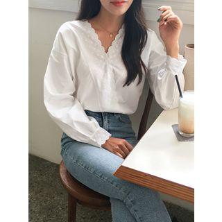 Scallop-edge Lace-trim Wrap Blouse