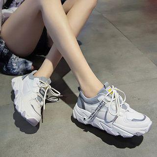 Contrast Color Lettering Mesh Panel Platform Sneakers