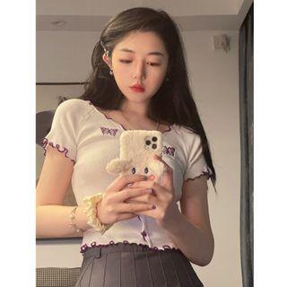Short-sleeve Butterfly Embroidered Frill Trim Knit Top