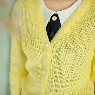 V-neck Faux-pearl Rib-knit Cardigan