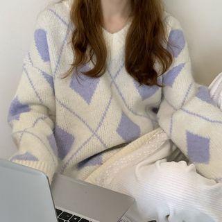 Argyle V-neck Loose-fit Sweater