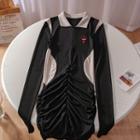 Long-sleeve Cross Print Mini Collared Dress Black - One Size
